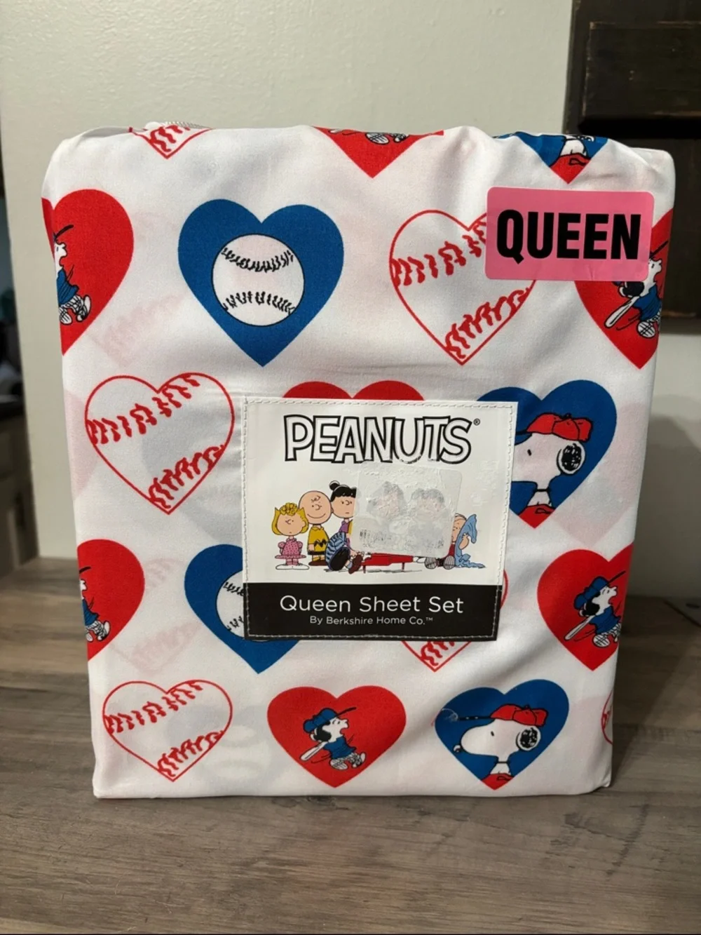NEW Peanuts Snoopy Queen Sheet Set Red, Blue & White Heart Baseball Print